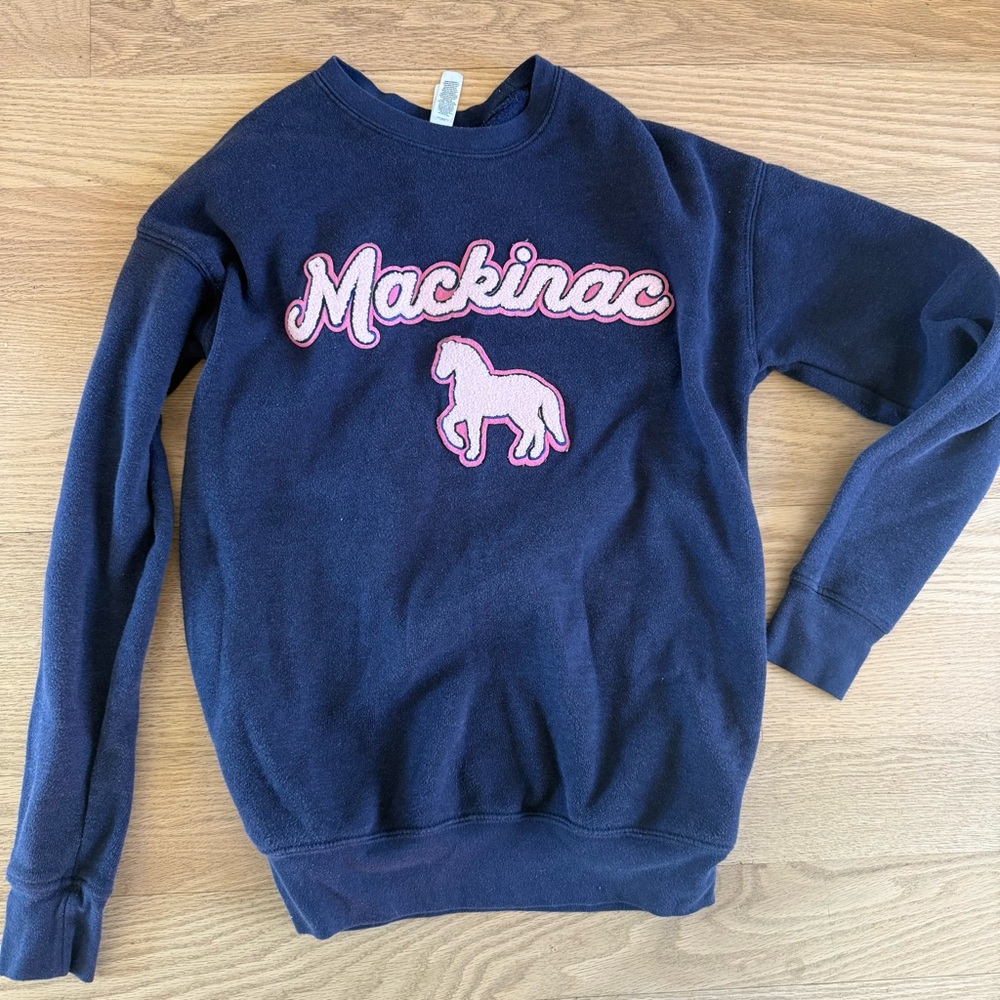 Mackinac Island “Pink Pony” Navy Crewneck with Pink Mackinac Appliqué